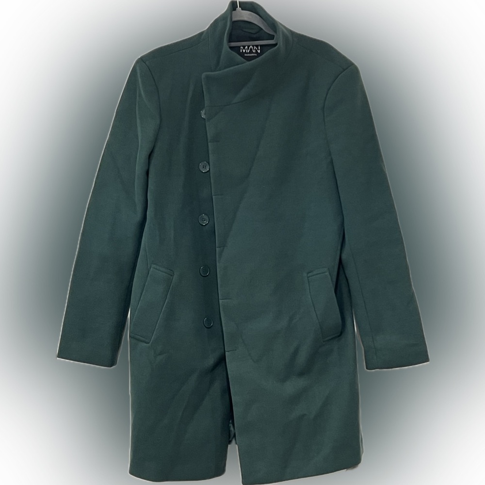 Funnel Neck Wool Look Men’s Overcoat. Forest Green size: M